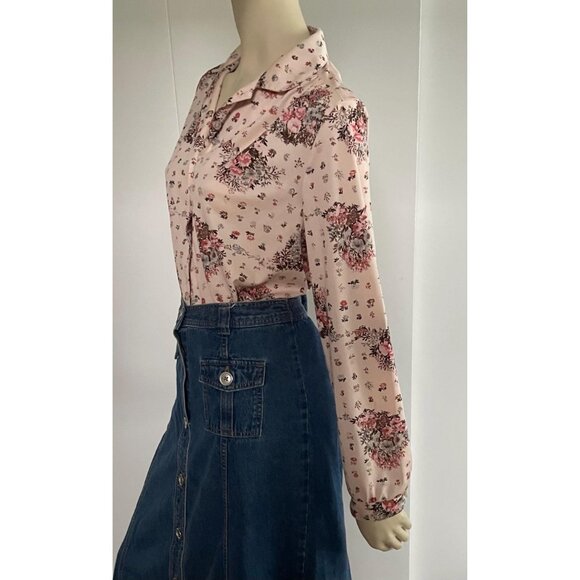 1970s Floral Blouse, Size L, Peach Polyester Shirt, Vintage Blouse - Picture 4 of 10